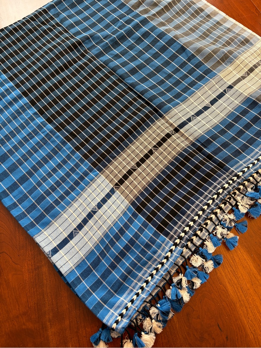 Tory Burch Blue and White Checked Oversized Scarf